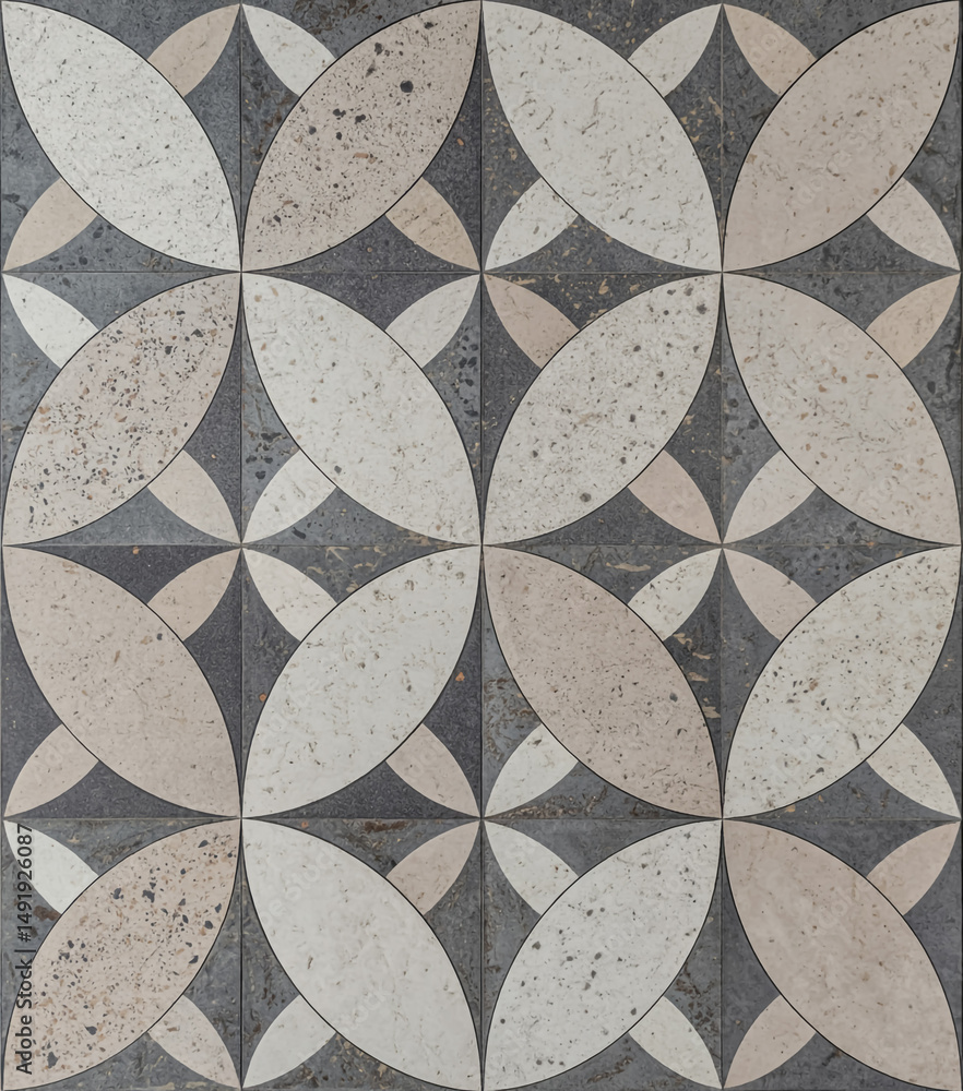 Poster a seamless geometric pattern of interlocking circles and diamonds in a light gray and charcoal gray 