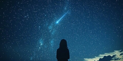 Gazing at the night sky with a shooting star, connecting with the universe