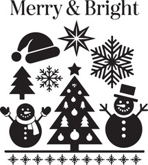 christmas icons set gift cap tree carton black and white 