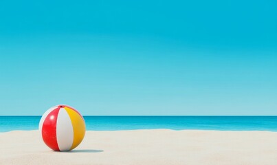 Vibrant Beach Ball on Sandy Shore Under a Clear Blue Sky