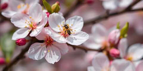 Obraz premium Close-up plum blossom, delicate petals, spring flowers background, pollination in focus, natural, flora