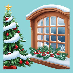Christmas Window with Snow and Festive Decor Clipart