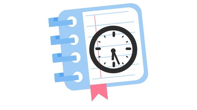 Time management notebook icon. Schedule and planning journal logo in cartoon animation. Productivity notes with a clock symbol. Deadline reminder and organized task list sign. Alpha channel. Loop.