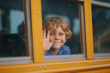 Happy child waving from a school bus window, enjoying the cheerful ride to school with a bright smile and carefree spirit