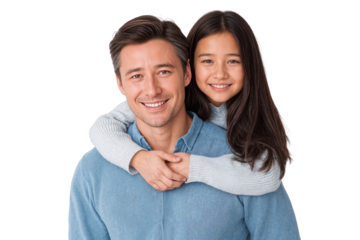 Happy father and daughter sharing a warm embrace and cheerful expressions, isolated on white background