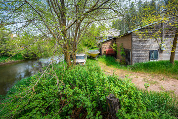 Rural homes along the Palouse River in Latah County, Palouse Scenic Byway of Washington State at...