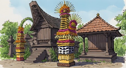 Traditional Balinese Architecture Illustrations of Sacred Structures and Ceremonial Decorations