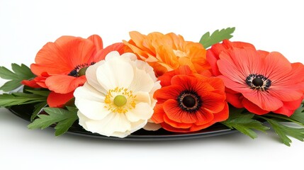 Obraz premium A vibrant arrangement of red, orange, and white anemone flowers with green leaves on a black plate.