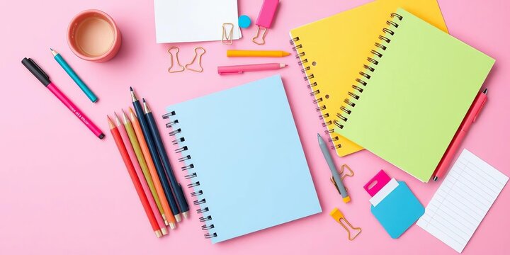 Pink background showcasing stylish stationery, pens, notebooks, clips, and other office supplies arranged for back-to-school or workplace organization, washi tape, flat lay