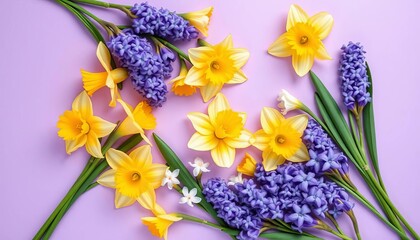Pastel purple background, daffodils, hyacinths, spring flowers in flat lay arrangement, floral design, lilac