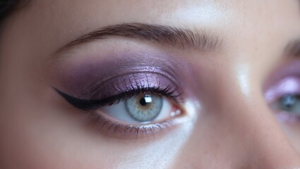 Obraz premium Ethereal Gaze: A captivating close-up of an eye adorned with shimmering purple eyeshadow, a precise black eyeliner, and a striking blue iris. The gaze is mesmerizing, radiating beauty and allure.