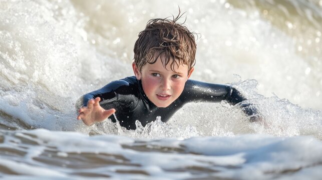 Energetic young surfer carving through sun-drenched waves with determined focus