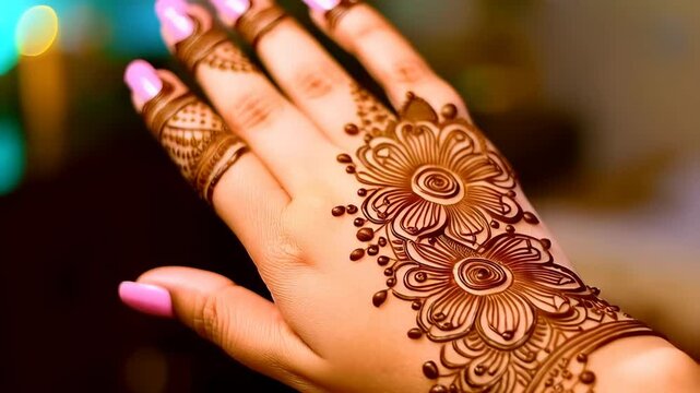 Detailed brown floral henna tattoo adorning a woman's hand with lavender pink manicured nails, artistic body art
