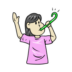 Cartoon Girl Blowing Noisemaker Illustration