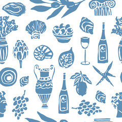 Flat vector doodle mediterranean seamless pattern