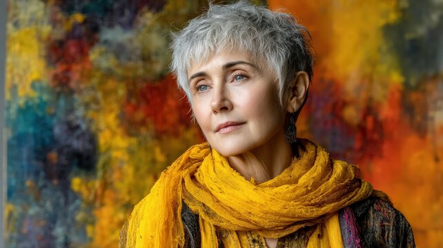 Portrait of an Elderly Woman with Silver Pixie Cut and Yellow Scarf against a Colorful Background