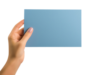 Female hand holding a blank blue sheet of paper isolated on a transparent background