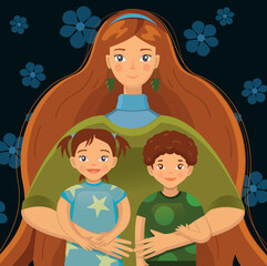 Vector image of a red-haired girl with two children. A picture of a mother with her daughter and son. Simple graphics, flat style.
