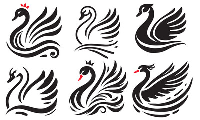 Fototapeta premium Elegant Black Swan Silhouettes, Black swan silhouette resting on white background, elegant and graceful design, a black silhouette of a swan swimming on a body of water, black swan on the lake