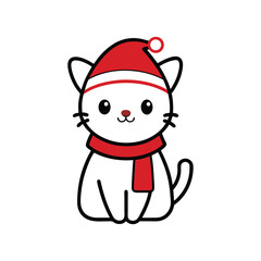 Vector art illustration of a cute cat wearing a Santa Claus hat and scarf.eps
