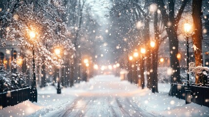 Snow falling on a street lined with snow-covered trees and illuminated lampposts.