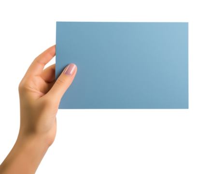 Female hand holding a blank blue sheet of paper isolated on a transparent background