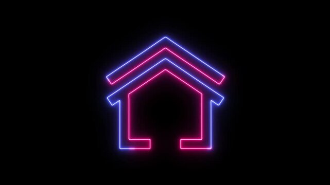 Neon house icon in blue and pink on a black background  
