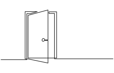 Open door one line illustration, welcome sign continuous line art drawing, Door outline drawing illustration. one continuous line drawing of opened door. A modern line art depiction of an open door in