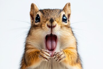 Surprised chipmunk close up portrait on white background animal wildlife rodent cute funny adorable nature outdoors mammal small furry curious expression