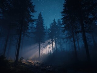 Fototapeta premium Night forest scene with starry sky and fog Low angle shot of trees in a dark mysterious woodland