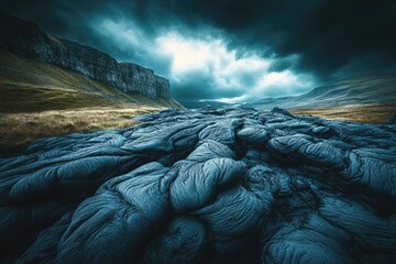 Dramatic lava field under a stormy sky