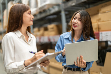 Female engineers team discussing inventory in warehouse logistics and supply chain planning, operation management, data analysis, warehouse shipping, inventory tracking, optimization and technology