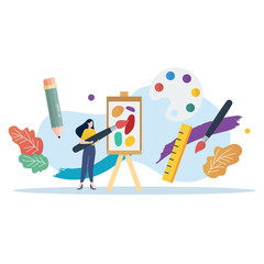 Art class scene with miniature people. Art school subject. Vector illustration