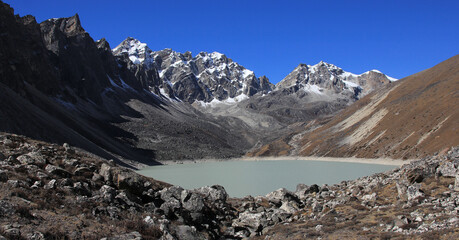 Peaks and Thonak Tsho, lake in the upper Gokyo Valley, Nepal.