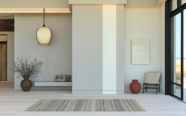 Modern minimalist interior design with natural elements in a spacious living area