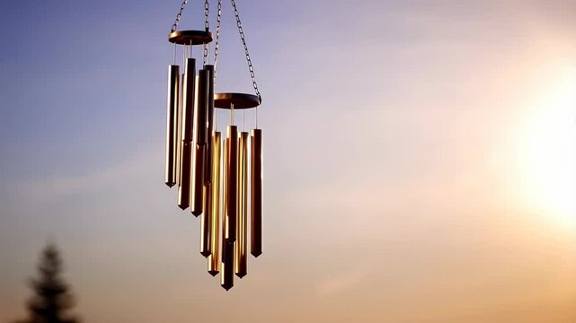 Hanging wind chimes with tubular bells and metal chains against blue and orange sky at sunset create soothing zen atmosphere.