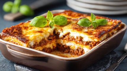 Delicious Lasagna in Brown Dish Close Up Studio Shot Italian Cuisine Comfort Food Meal Preparation Recipe