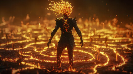 Fiery Warrior Figure In A Glowing Fire Circle
