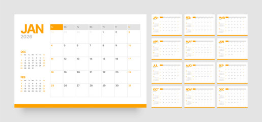 Monthly calendar layout for 2026 year. Diary planner for 2026 year. Week Starts on Sunday. Calendar Set for 2026 year.