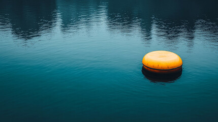 A pale yellow buoy gently floats on the surface of a calm teal sea, evoking feelings of solitude, safety, and peaceful navigation. The minimalist composition and tranquil colors create a serene atmosp