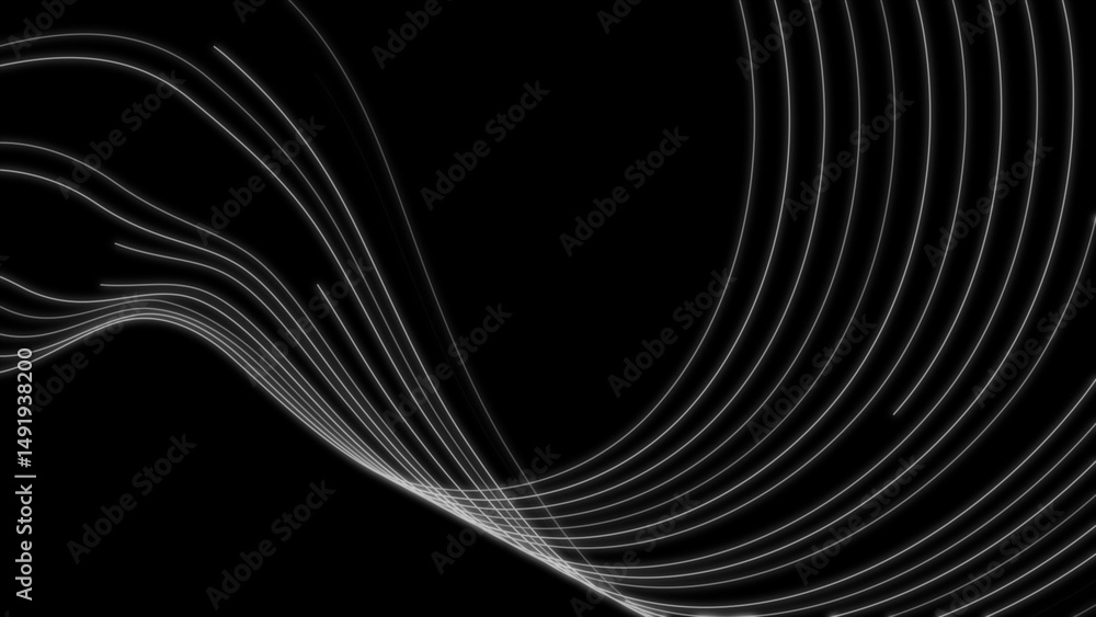 Poster grey abstract curved wavy lines on the black background