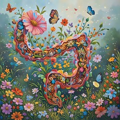The image features a vibrant and whimsical scene with a fantastical creature resembling a snake emerging from a garden filled with flowers, butterflies, and foliage.