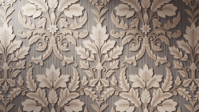 Fototapeta An Ornate Seamless Damask Pattern in Soft Neutrals with Embossed Floral and Leaf Motifs Over a Textured Striped Background