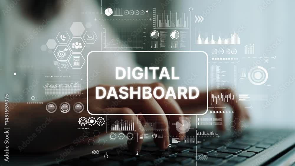 Poster Hands Typing on Keyboard with Digital Dashboard Display and Data Visualizations in Modern Workplace Environment. Asymptotic smart data analytic.