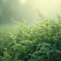 The image captures a lush, verdant field of ferns bathed in soft, natural light, evoking a serene, tranquil atmosphere.