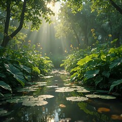 A tranquil forest scene is captured with sunlight filtering through the lush foliage and casting a gentle glow on a pond, where lily pads float on the water's surface.
