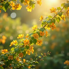 The image captures a field of lush, green plants with water droplets glistening on their leaves, set against a backdrop of a sunlit sky.