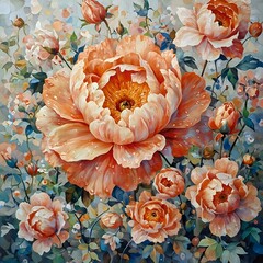 The image is a vibrant floral painting featuring a large peony flower in the center surrounded by smaller peonies and other flowers, with water droplets on the petals.