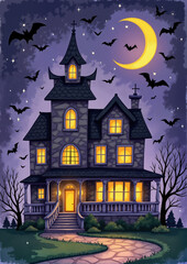 Haunted house with bats under moonlight