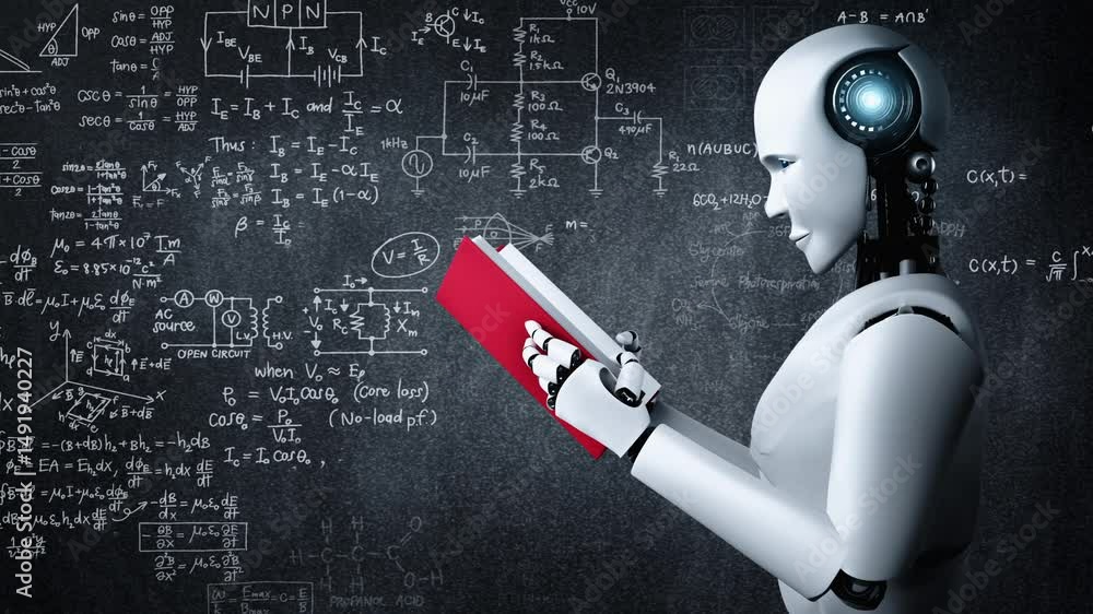 Poster 3d rendering of robot hominoid reading book and solving math data analytics in concept of future mat
